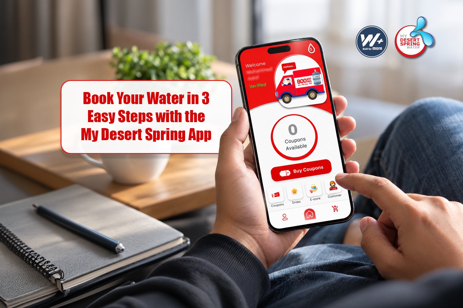 Book your water in 3 easy steps with the My Desert Spring app — home screen showing coupon balance and Buy Coupons