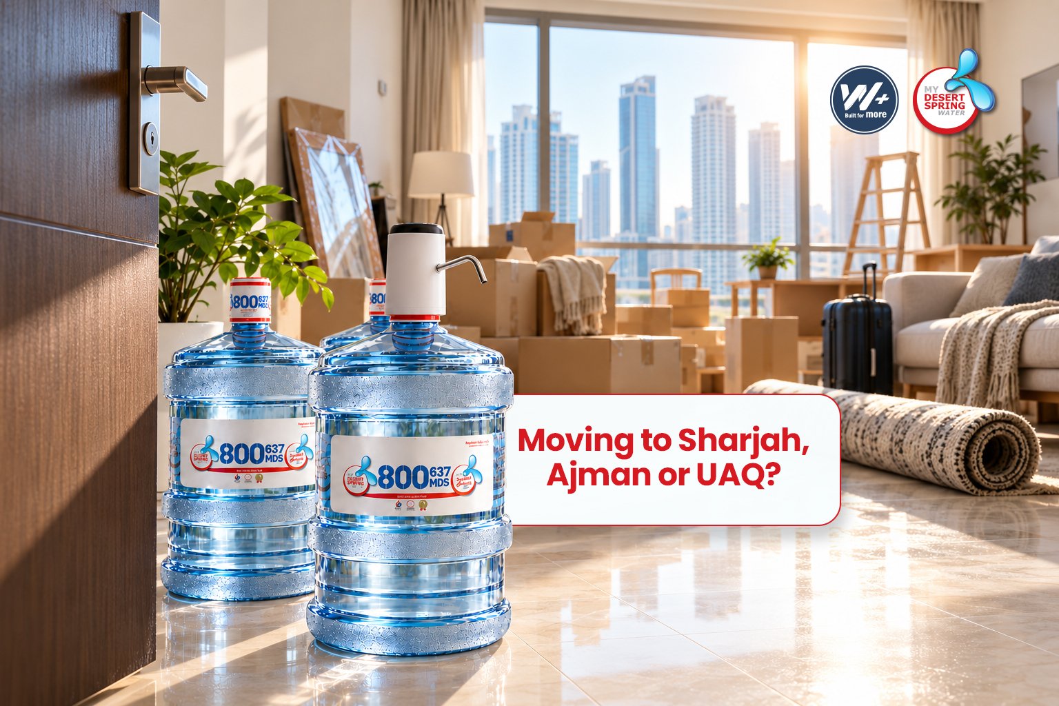 Moving day in a new Sharjah apartment with 5-gallon drinking water bottles and a rechargeable pump by the door