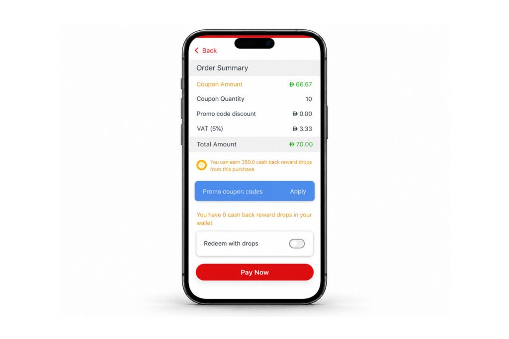 Checkout screen showing VIP coupon quantity, discount, VAT and order total